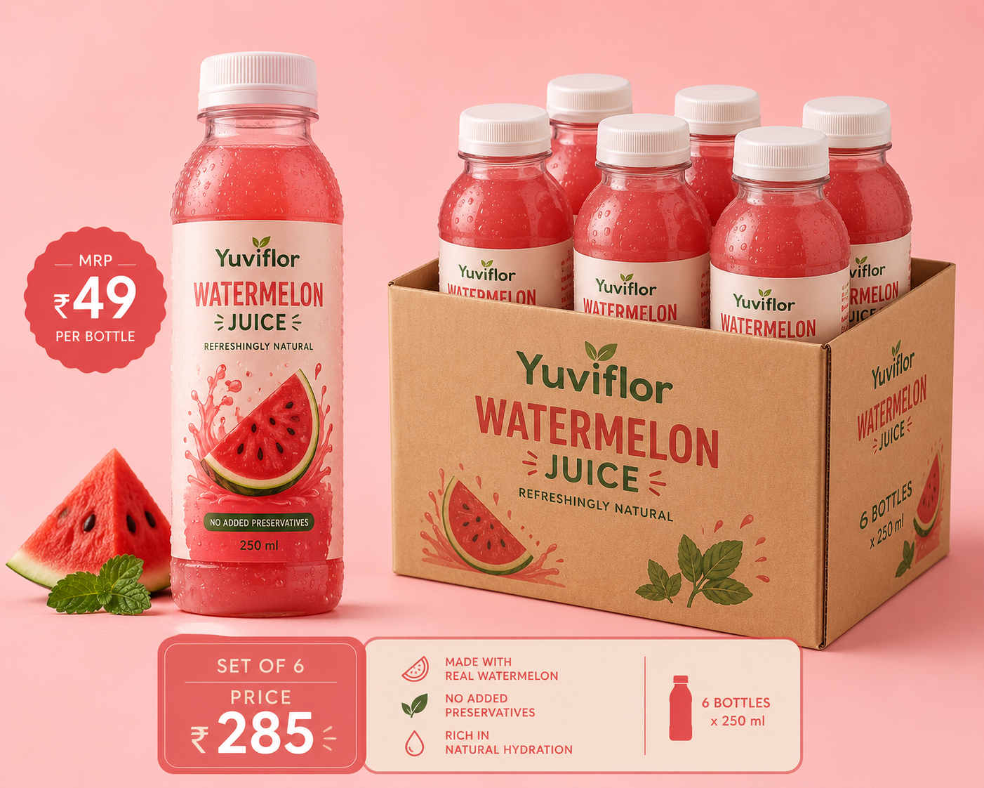 Yuviflor Watermelon Juice - 250ml MRP ₹49|500ml MRP ₹79|1ltr MRP ₹99|